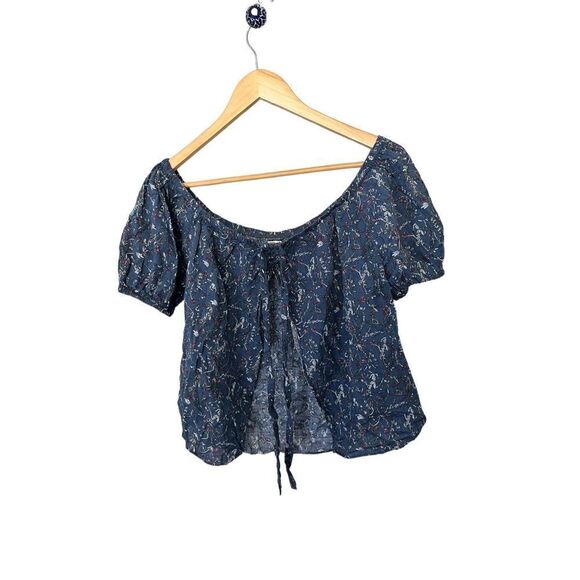 Milkweed Floral Blue Off The Shoulder Open Back Short‎ Sleeve Top - Picture 2 of 4